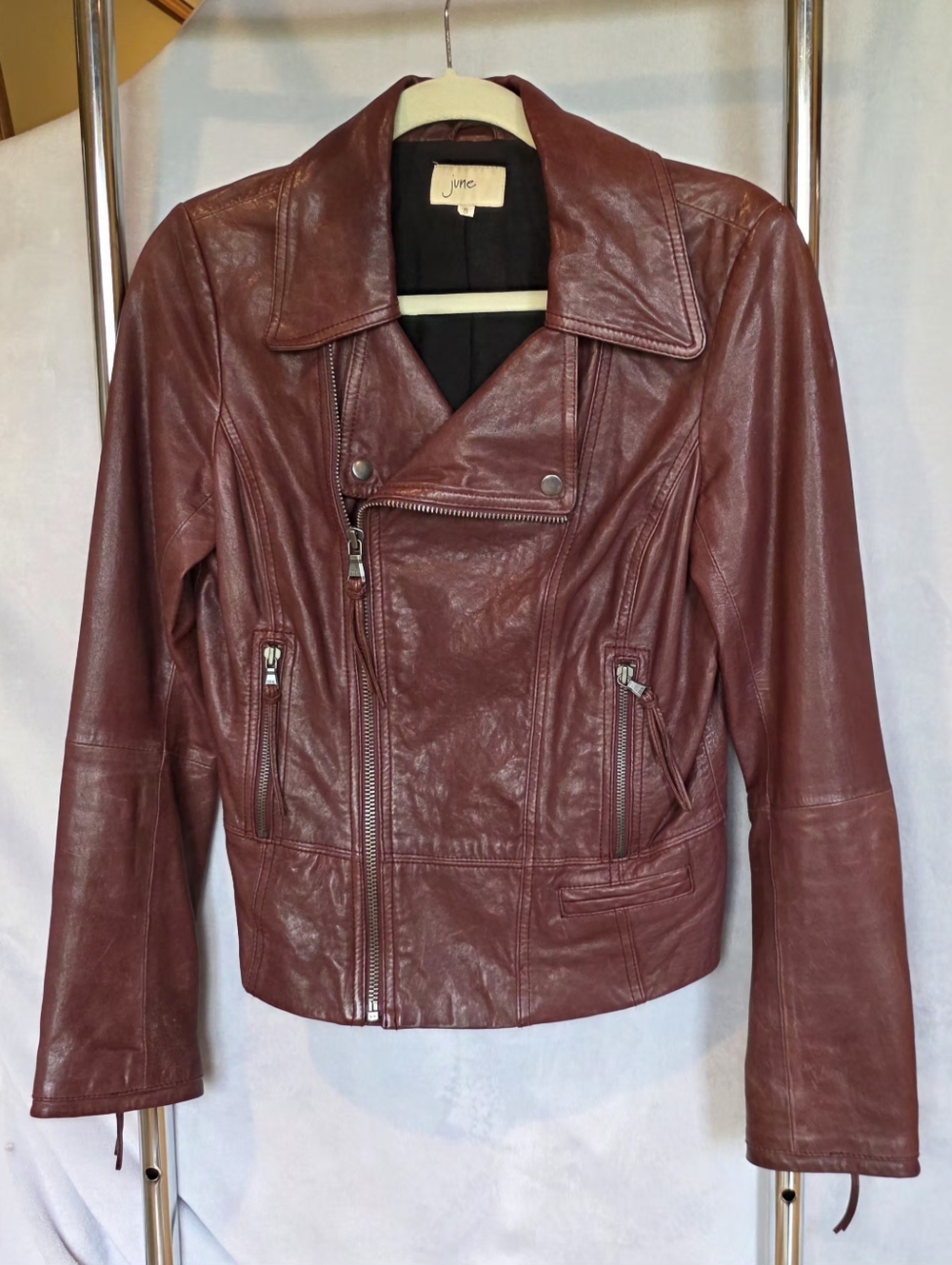 June Burgundy Leather Moto Jacket Cropped Biker Zip S